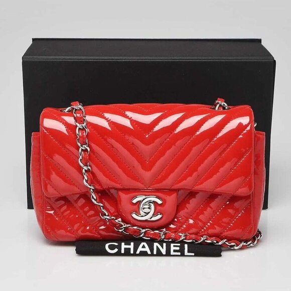 Chanel Red Chevron Quilted Patent Leather Classic Rectangular Mini Flap Bag - Picture 5 of 10